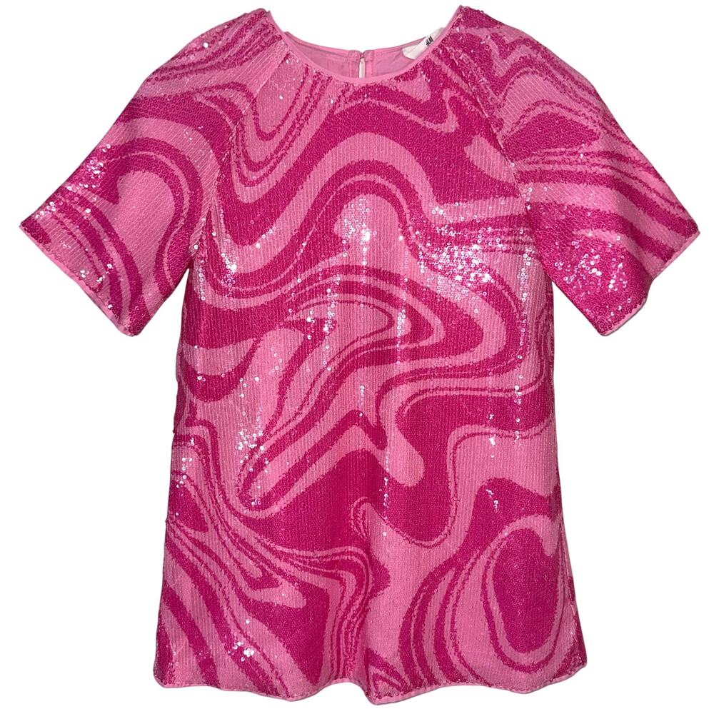 NWT H&M Girls Sequin Pink Swirl Short Sleeve A-Line Dress Size 7